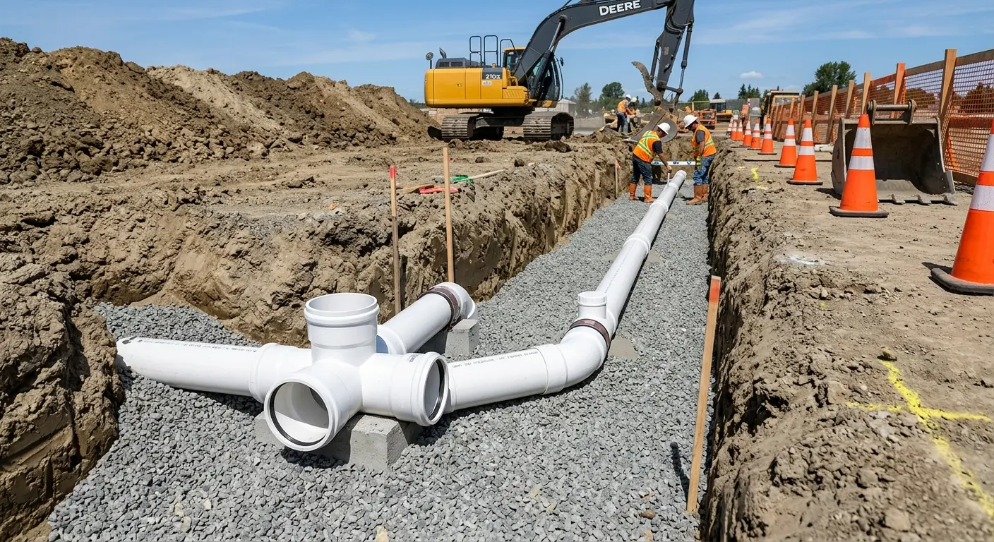 New PVC sewer pipe installation in open trench for Grease Trap Cleaning in Warren