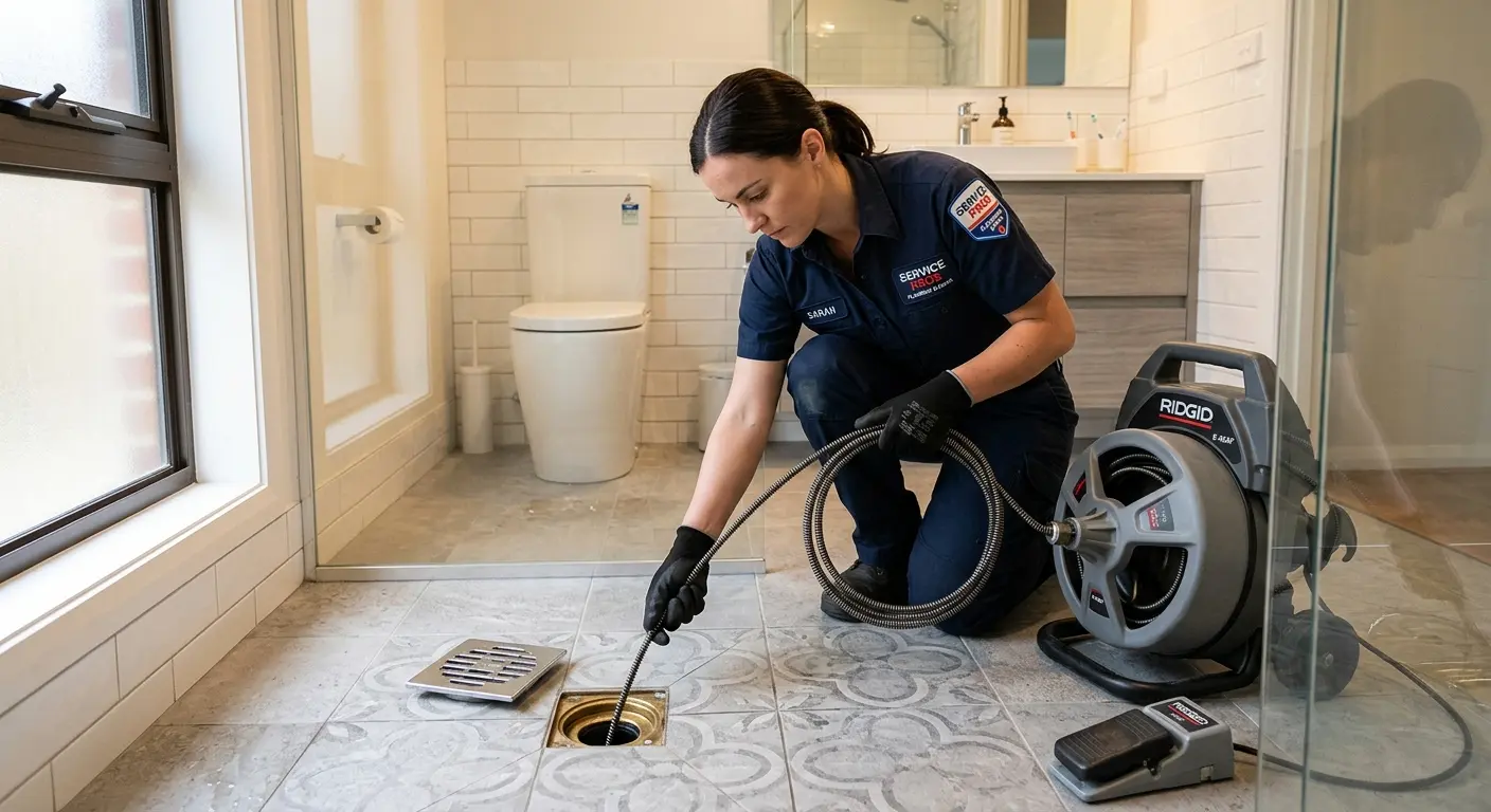 Technician clearing a bathroom floor drain for Sewer Line Installation in Warren